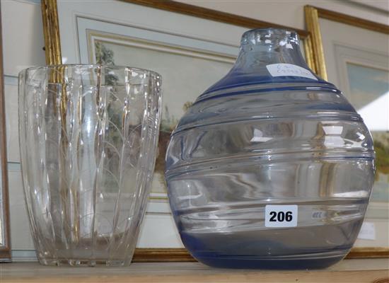 A Whitefriars blue glass ribbon vase and one other glass vase by Clyne Farquharson